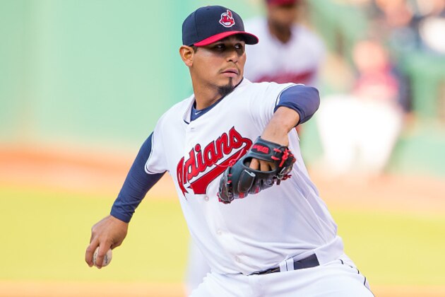 CLEVELAND, OH -  MAY 1: Starting pitcher Carlos Carrasco #59 of the Cleveland Indians pitches during the first inning against the Toronto Blue Jays at Progressive Field on May 1, 2015 in Cleveland, Ohio.   (Photo by Jason Miller/Getty Images)