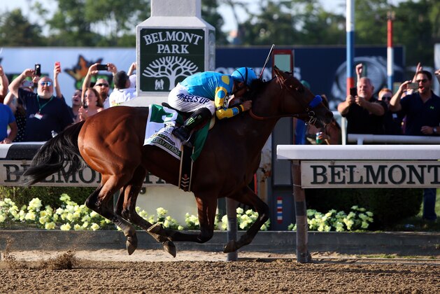 ELMONT, NY - JUNE 06:  Victor Espinoza, celebrates atop American Pharoah #5, after winning the 147th running of the Belmont Stakes at Belmont Park on June 6, 2015 in Elmont, New York. With the wins American Pharoah becomes the first horse to win the Triple Crown in 37 years.  (Photo by Travis Lindquist/Getty Images)