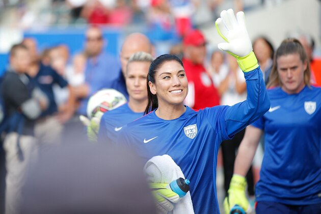LOS ANGELES, CA - MAY 17:  Goalkeeper Hope Solo #1 of USA waves to fans prior to the game during their international friendly match against Mexico at StubHub Center on May 17, 2015 in Los Angeles, California.  (Photo by Joe Scarnici/Getty Images)
