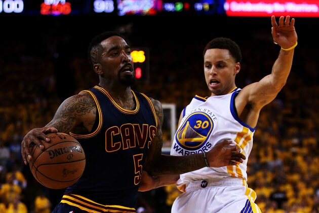 OAKLAND, CA - JUNE 04:  J.R. Smith #5 of the Cleveland Cavaliers drives against Stephen Curry #30 of the Golden State Warriors during Game One of the 2015 NBA Finals at ORACLE Arena on June 4, 2015 in Oakland, California. NOTE TO USER: User expressly acknowledges and agrees that, by downloading and or using this photograph, user is consenting to the terms and conditions of Getty Images License Agreement.  (Photo by Ezra Shaw/Getty Images)