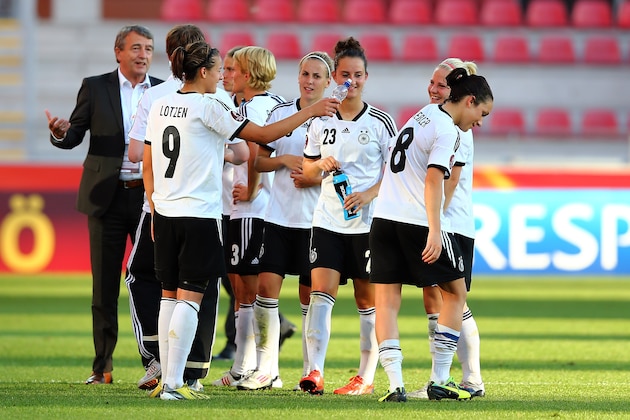VAXJO, SWEDEN - JULY 21:  Lena Lotzen (#9) of Germany celebrate with team mate Nadine Kessler (#8) after the UEFA Women's Euro 2013 quarter final match between Italy and Germany at Vaxjo Arena on July 21, 2013 in Vaxjo, Sweden.  (Photo by Martin Rose/Getty Images)