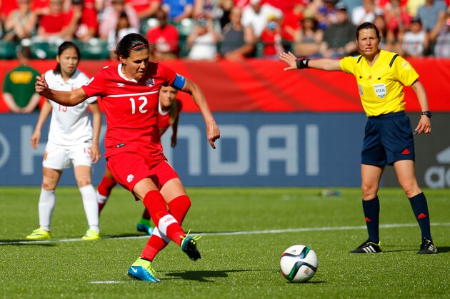 EDMONTON, AB - JUNE 06: Christine Sinclair #12 of Canada kicks the go-ahead goal on a penalty kick in the final minutes against China PR during the FIFA Women's World Cup Canada 2015 Group A match between Canada and China PR at Commonwealth Stadium on June 6, 2015 in Edmonton, Canada. (Photo by Kevin C. Cox/Getty Images) EDMONTON, AB - JUNE 06: Christine Sinclair #12 of Canada kicks the go-ahead goal on a penalty kick in the final minutes against China PR during the FIFA Women's World Cup Canada 2015 Group A match between Canada and China PR at Commonwealth Stadium on June 6, 2015 in Edmonton, Canada. (Photo by Kevin C. Cox/Getty Images)