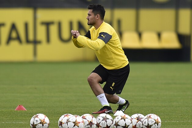 Borussia Dortmund's Ilkay Gundogan exercises during a training session in Dortmund, Germany, Monday, Sept. 15, 2014. Dortmund will play Arsenal in a Champions League Group D soccer match on Tuesday. (AP Photo/Martin Meissner)