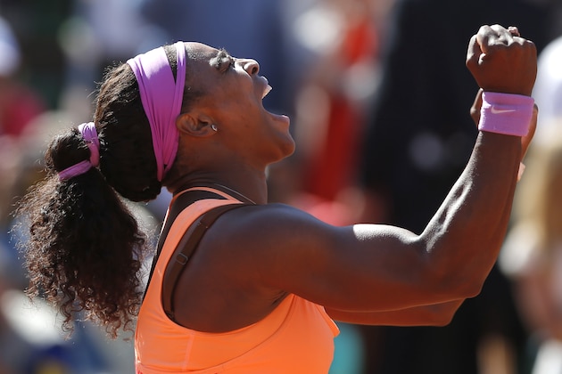 Serena Williams of the U.S. reacts as she defeats Lucie Safarova of the Czech Republic during their final match of the French Open tennis tournament at the Roland Garros stadium, Saturday, June 6, 2015 in Paris. Williams won 6-3, 6-7, 6-2. (AP Photo/Francois Mori)