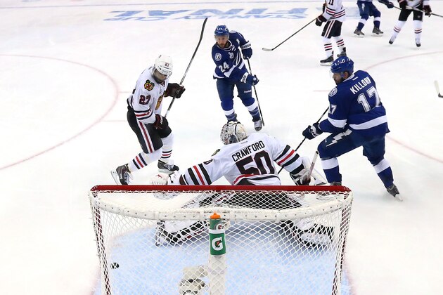 TAMPA, FL - JUNE 06:  Alex Killorn #17 of the Tampa Bay Lightning reacts to a third period goal by Jason Garrison #5 against Corey Crawford #50 of the Chicago Blackhawks during Game Two of the 2015 NHL Stanley Cup Final at Amalie Arena on June 6, 2015 in Tampa, Florida.  (Photo by Bruce Bennett/Getty Images)