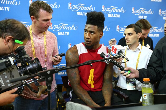 OAKLAND, CA - JUNE 6: Iman Shumpert #4 of the Cleveland Cavaliers speaks to the media during media availability as part of the 2015 NBA Finals on June 6, 2015 at Oracle Arena in Oakland, California. NOTE TO USER: User expressly acknowledges and agrees that, by downloading and or using this photograph, User is consenting to the terms and conditions of the Getty Images License Agreement. Mandatory Copyright Notice: Copyright 2015 NBAE (Photo by Nathaniel S. Butler/NBAE via Getty Images)