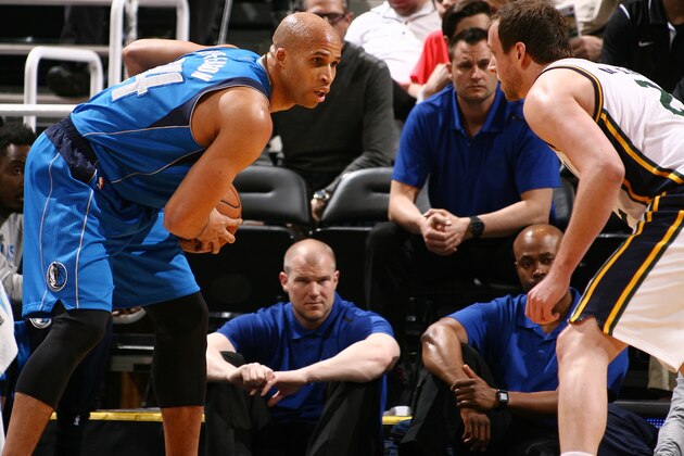 SALT LAKE CITY, UT - APRIL 13:  Richard Jefferson #24 of the Dallas Mavericks handles the ball against Joe Ingles #2 of the Utah Jazz on April 13, 2015 at EnergySolutions Arena in Salt Lake City, Utah. NOTE TO USER: User expressly acknowledges and agrees that, by downloading and or using this Photograph, User is consenting to the terms and conditions of the Getty Images License Agreement. Mandatory Copyright Notice: Copyright 2015 NBAE (Photo by Melissa Majchrzak/NBAE via Getty Images)