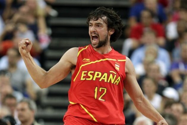 Spain's Sergio Llull reacts during the men's gold medal basketball game against USA at the 2012 Summer Olympics, Sunday, Aug. 12, 2012, in London. (AP Photo/Charles Krupa)