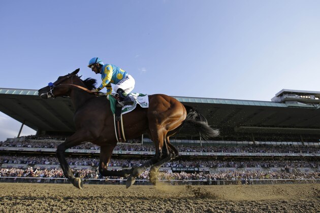 American Pharoah gallops past the grandstand with Victor Espinoza up after crossing the finish line to win the 147th running of the Belmont Stakes horse race at Belmont Park, Saturday, June 6, 2015, in Elmont, N.Y. American Pharoah is the first horse to win the Triple Crown since Affirmed won it in 1978. (AP Photo/Julio Cortez)