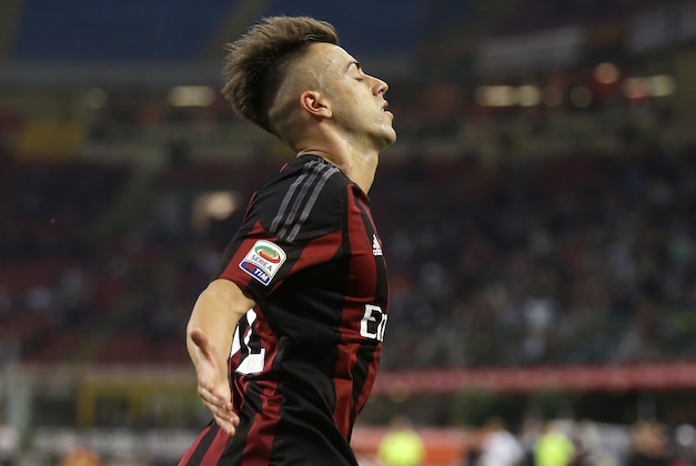 AC Milan's Stephan El Shaarawy celebrates after scoring during the Serie A soccer match between AC Milan and Torino at the San Siro stadium in Milan, Italy, Sunday, May 24, 2015. (AP Photo/Antonio Calanni)