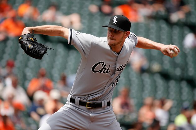 BALTIMORE, MD - MAY 28:  Starting pitcher Chris Sale #49 of the Chicago White Sox throws to a Baltimore Orioles batter in the seventh inning of the White Sox 3-2 win over the Baltimore Orioles during the first game of a double header at Oriole Park at Camden Yards on May 28, 2015 in Baltimore, Maryland.  (Photo by Rob Carr/Getty Images)