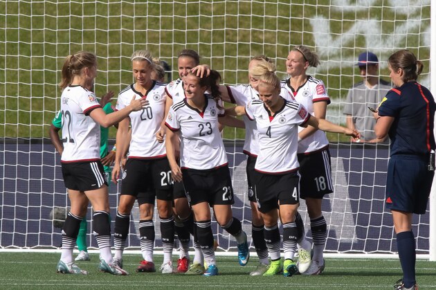 OTTAWA, ON - JUNE 7: Sara Dabritz #23 of Germany celebrates her goal with teammates including Tabea Kemme #22, Lena Goessling #20, Leonie Maier #4 and Alexandra Popp #18 during the FIFA Women's World Cup Canada 2015 Group B match between Germany and Cote d'Ivoire at Lansdowne Stadium on June 7, 2015 in Ottawa, Canada.  (Photo by Andre Ringuette/Getty Images)