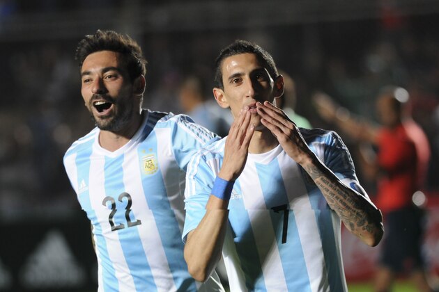Argentina's Angel Di Maria, right, celebrates with teammate Ezequiel Lavezzi, after scoring against Bolivia, during a friendly international soccer match in San Juan, Argentina, Saturday, June 6, 2015. (AP Photo/Marcos Garcia) Argentina's Angel Di Maria, right, celebrates with teammate Ezequiel Lavezzi, after scoring against Bolivia, during a friendly international soccer match in San Juan, Argentina, Saturday, June 6, 2015. (AP Photo/Marcos Garcia)