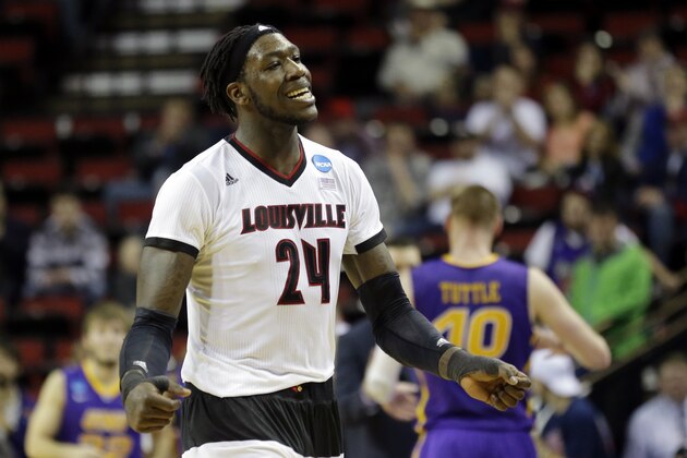 Louisville's Montrezl Harrell celebrates as he leaves the court late in the second half of an NCAA college basketball tournament game against Northern Iowa in the Round of 32, Sunday, March 22, 2015, in Seattle. Louisville beat Northern Iowa 66-53. (AP Photo/Ted S. Warren)