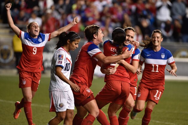 Oct 26, 2014; Philadelphia, PA, USA; The United States celebrates a goal by forward Sydney Leroux (2) during the CONCACAF Women   s Championship against Costa Rica at PPL Park. Team USA won 6-0. Mandatory Credit: Derik Hamilton-USA TODAY Sports