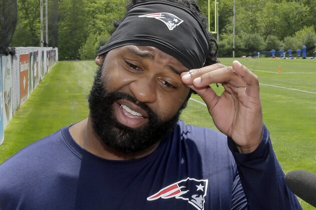 In this May 29, 2015 photo, New England Patriots linebacker Brandon Spikes talks with reporters after an NFL football organized team activity in Foxborough, Mass. Massachusetts State Police are investigating after a damaged 2011 Mercedes-Maybach belonging to Spikes was found abandoned in the median of Interstate 495 with front-end damage at about 3:30 a.m. Sunday, June 7, 2015, in Foxborough. (AP Photo/Elise Amendola)