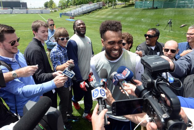 FOXBOROUGH, MA - JUNE 4: Aaron Dobson #17 and LeGarrette Blount #29 of the New England Patriots, have a laugh with the media following organized team activities at Gillette Stadium on June 4, 2015 in Foxborough, Massachusetts. (Photo by Darren McCollester/Getty Images)
