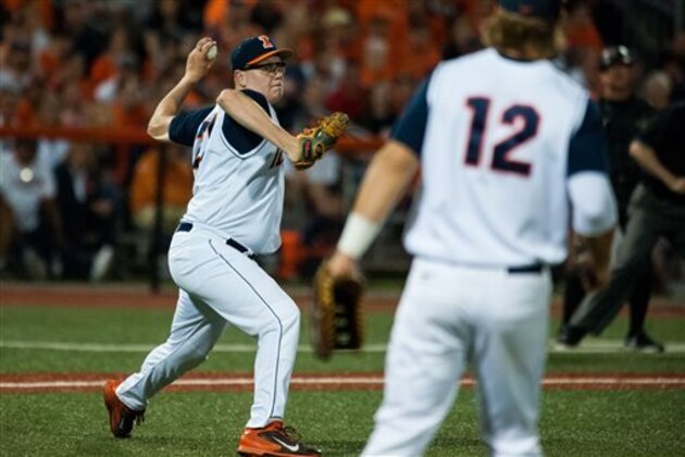 Illinois pitcher Kevin Duchene (21) throws to first on a bunt by Vanderbilt outfielder Jeren Kendall during the fifth inning of an NCAA college baseball tournament super regional game, Saturday, June 6, 2015, in Champaign, Ill. Kendall was safe at first on an error.  Vanderbilt defeated Illinois 13-0.  (AP Photo/Bradley Leeb)