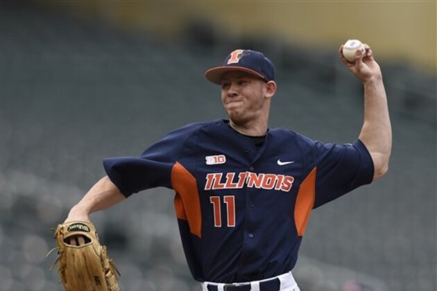 FILE - In this May 23, 2015, file photo, Illinois relief pitcher Tyler Jay delivers against Michigan during the seventh inning of a Big Ten tournament NCAA college baseball game  in Minneapolis. Jay is among the top prospects entering the MLB draft. (AP Photo/Hannah Foslien, File)