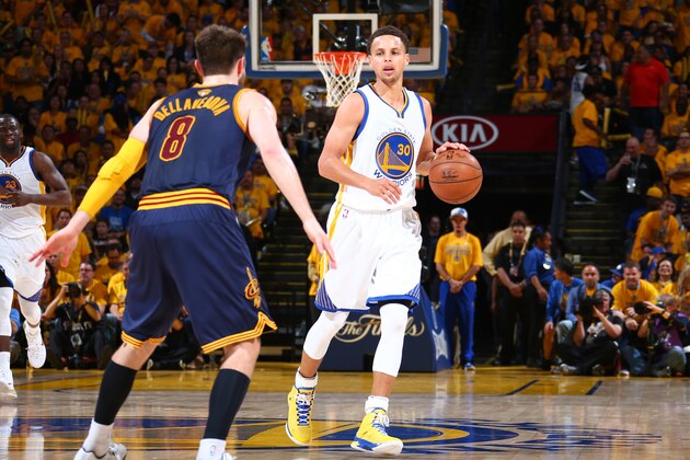 OAKLAND, CA - JUNE 7: Stephen Curry #30 of the Golden State Warriors is guarded by Matthew Dellavedova #8 of the Cleveland Cavaliers during Game Two of the 2015 NBA Finals on June 7, 2015 at Oracle Arena in Oakland, California. NOTE TO USER: User expressly acknowledges and agrees that, by downloading and or using this photograph, user is consenting to the terms and conditions of Getty Images License Agreement. Mandatory Copyright Notice: Copyright 2015 NBAE (Photo by Nathaniel S. Butler/NBAE via Getty Images)