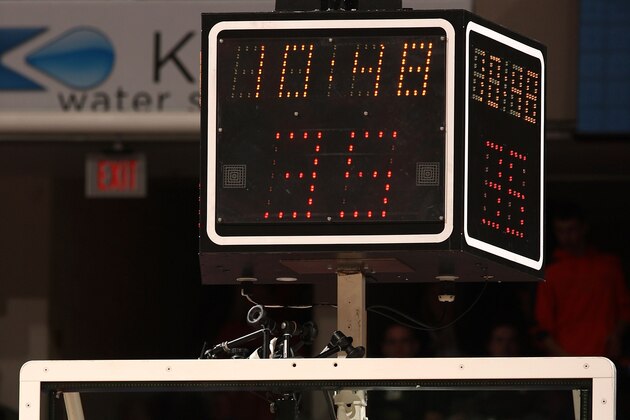 INDIANAPOLIS - MARCH 14:  A detail of the backboard and shot clock as a basketball goes thru the hoop as the Michigan State Spartans play against the Ohio State Buckeyes during their semifinal game of the Big Ten Men's Basketball Tournament at Conseco Fieldhouse on March 14, 2009 in Indianapolis, Indiana.  (Photo by Jonathan Daniel/Getty Images)