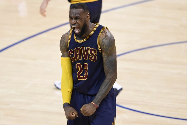 June 7, 2015; Oakland, CA, USA; Cleveland Cavaliers forward LeBron James (23) reacts during the 95-93 victory against the Golden State Warriors in game two of the NBA Finals at Oracle Arena. Mandatory Credit: Bob Donnan-USA TODAY Sports