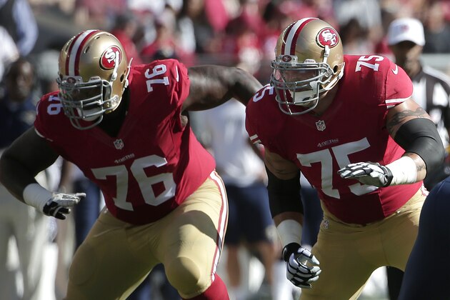 San Francisco 49ers offensive tackle Anthony Davis (76) and offensive tackle Alex Boone (75) block against the St. Louis Rams during the first quarter of an NFL football game in Santa Clara, Calif., Sunday, Nov. 2, 2014. (AP Photo/Marcio Jose Sanchez)