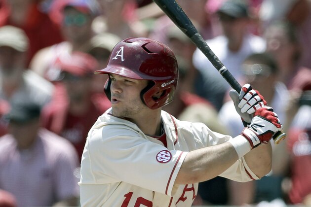 Arkansas' Andrew Benintendi waits for a pitch during the first inning in a super regional game of the NCAA college baseball tournament against Missouri State in Fayetteville, Ark., Sunday, June 7, 2015. Benintendi was walked. (AP Photo/Danny Johnston)