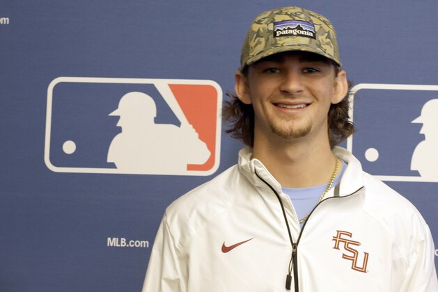 Amateur baseball player Brendan Rodgers poses for a photo after a media luncheon for Major League Baseball's Draft, Monday, June 8, 2015, in New York.  (AP Photo/Mary Altaffer)