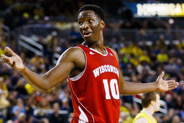 Jan 24, 2015; Ann Arbor, MI, USA; Wisconsin Badgers forward Nigel Hayes (10) reacts to a foul call in the first half against the Michigan Wolverines at Crisler Center. Mandatory Credit: Rick Osentoski-USA TODAY Sports