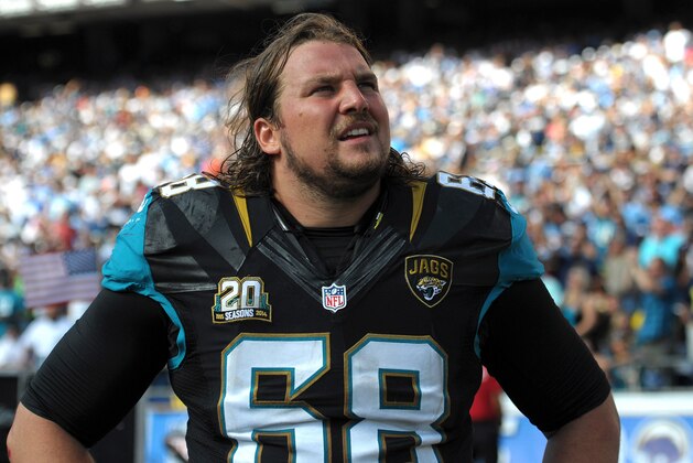 Sep 28, 2014; San Diego, CA, USA; Jacksonville Jaguars guard Zane Beadles (68) on the sideline during the third quarter against the San Diego Chargers at Qualcomm Stadium. Mandatory Credit: Jake Roth-USA TODAY Sports