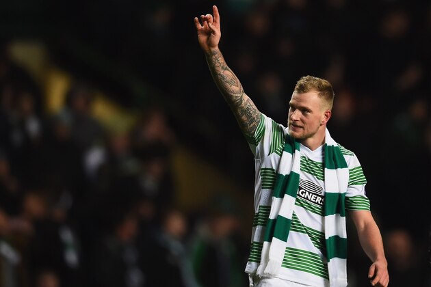 GLASGOW, SCOTLAND - FEBRUARY 19:  John Guidetti of Celtic salutes the crowd after the UEFA Europa League Round of 32 first leg match between Celtic FC and FC Internazionale Milano at Celtic Park Stadium on February 19, 2015 in Glasgow, United Kingdom.  (Photo by Laurence Griffiths/Getty Images)