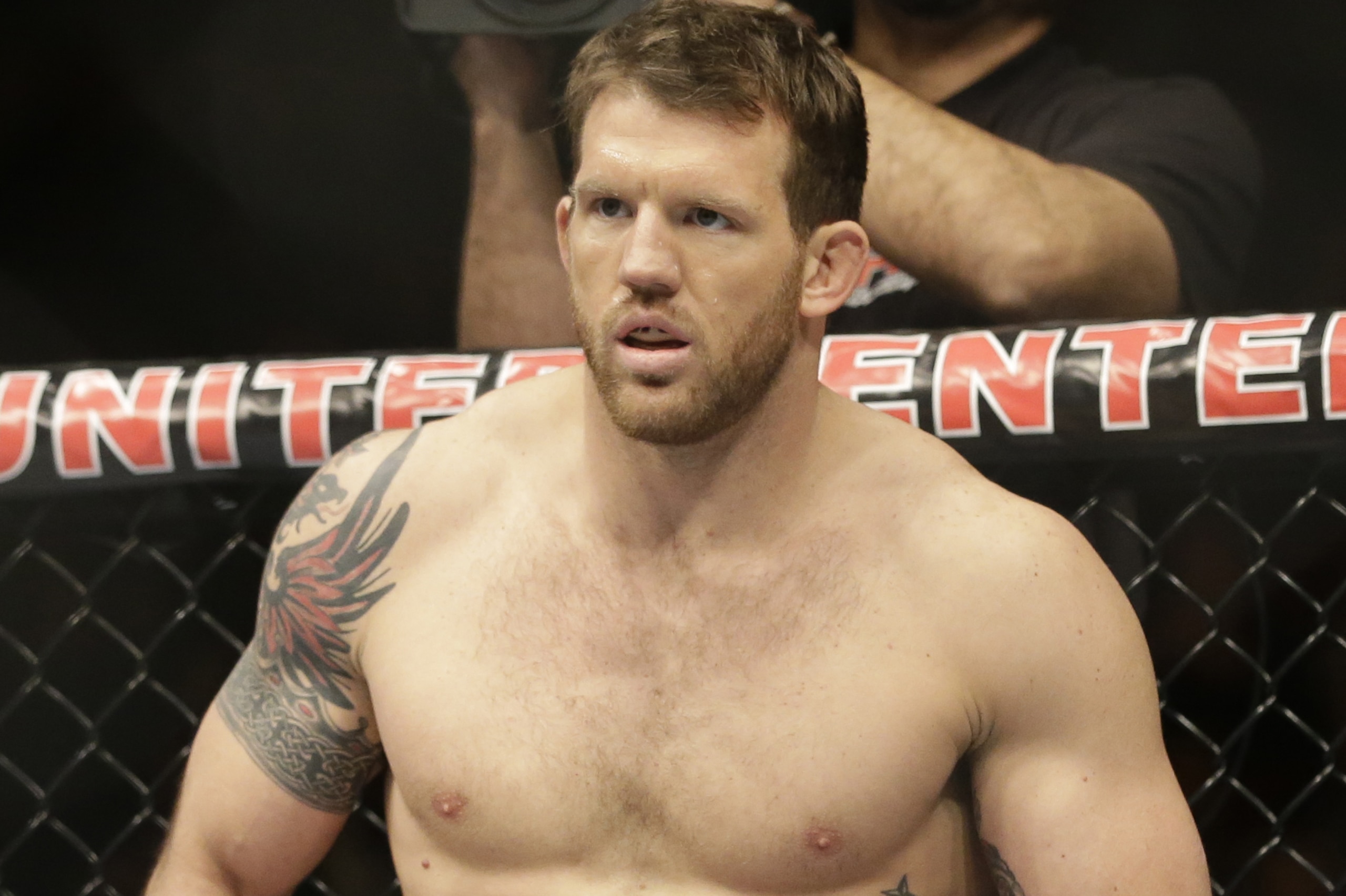 Ryan Bader stands in the ring before fighting with Vladimir Matyushenko during UFC Light Heavyweight Championship on FOX 6 at the United Center in Chicago, Saturday, Jan. 26, 2013. Bader won the bout. (AP Photo/Nam Y. Huh)