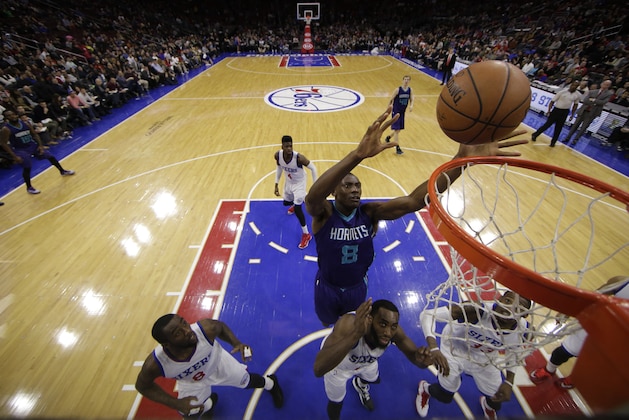 Charlotte Hornets' Bismack Biyombo in action during an NBA basketball game against the Philadelphia 76ers, Friday, Dec. 19, 2014, in Philadelphia. (AP Photo/Matt Slocum)