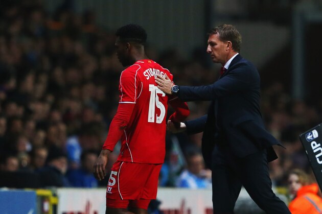 BLACKBURN, ENGLAND - APRIL 08:  Brendan Rodgers manager of Liverpool shakes hands with Daniel Sturridge of Liverpool as he is substituted during the FA Cup Quarter Final Replay match between Blackburn Rovers and Liverpool at Ewood Park on April 8, 2015 in Blackburn, England.  (Photo by Jan Kruger/Getty Images)