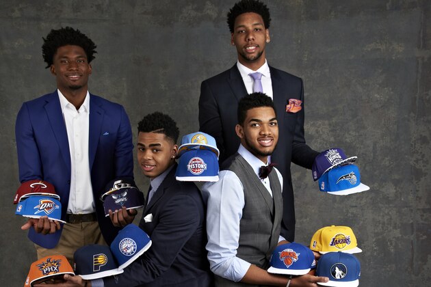 NEW YORK - MAY 19: Draft Prospects Justise Winslow, D'Angelo Russell, Karl Anthony Towns and Jahlil Okafor poses for some portraits prior to the 2015 NBA Draft Lottery on May 19, 2015 at the NBA Headquarters in New York City.  NOTE TO USER: User expressly acknowledges and agrees that, by downloading and/or using this photograph, user is consenting to the terms and conditions of the Getty Images License Agreement. Mandatory Copyright Notice: Copyright 2015 NBAE (Photo by Jennifer Pottheiser/NBAE via Getty Images)