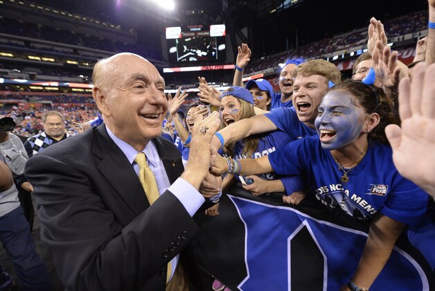 Apr 6, 2015; Indianapolis, IN, USA; Dick Vitale of ESPN high fives Duke Blue Devils fans prior to facing the Wisconsin Badgers in the 2015 NCAA Men's Division I Championship game at Lucas Oil Stadium. Mandatory Credit: Robert Deutsch-USA TODAY Sports Apr 6, 2015; Indianapolis, IN, USA; Dick Vitale of ESPN high fives Duke Blue Devils fans prior to facing the Wisconsin Badgers in the 2015 NCAA Men's Division I Championship game at Lucas Oil Stadium. Mandatory Credit: Robert Deutsch-USA TODAY Sports