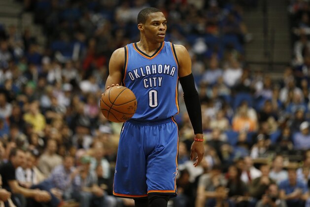 Oklahoma City Thunder guard Russell Westbrook (0) during the second half of an NBA basketball game against the Minnesota Timberwolves, Wednesday April 15, 2015, in Minneapolis. The Thunder won 138-113. (AP Photo/Stacy Bengs)