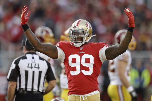 San Francisco 49ers linebacker Aldon Smith (99) against the Washington Redskins during an NFL football game in Santa Clara, Calif., Sunday, Nov. 23, 2014. (AP Photo/Ben Margot)