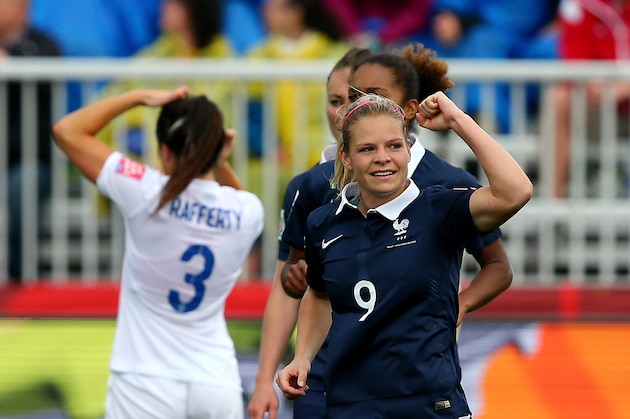 MONCTON, NB - JUNE 09: Eugenie Le #9 of France celebrates her goal in the first half against the England during the FIFA Women's World Cup 2015 Group F match at Moncton Stadium on June 9, 2015 in Moncton, Canada. (Photo by Elsa/Getty Images) MONCTON, NB - JUNE 09: Eugenie Le #9 of France celebrates her goal in the first half against the England during the FIFA Women's World Cup 2015 Group F match at Moncton Stadium on June 9, 2015 in Moncton, Canada. (Photo by Elsa/Getty Images)