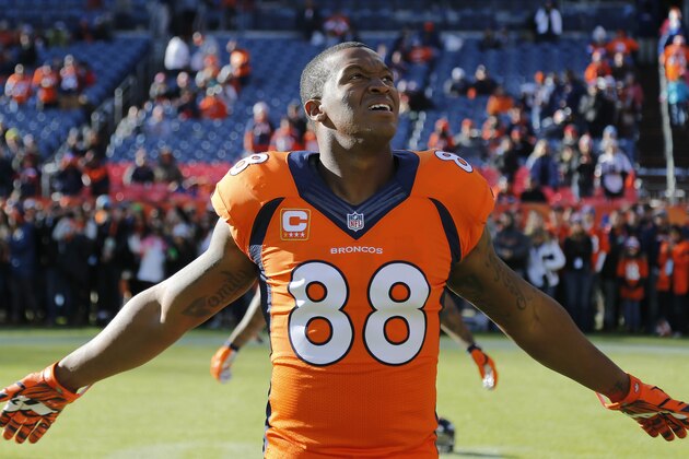 Denver Broncos wide receiver Demaryius Thomas (88) stretches prior to an NFL football game against the Oakland Raiders, Sunday, Dec. 28, 2014, in Denver. (AP Photo/Jack Dempsey) Denver Broncos wide receiver Demaryius Thomas (88) stretches prior to an NFL football game against the Oakland Raiders, Sunday, Dec. 28, 2014, in Denver. (AP Photo/Jack Dempsey)
