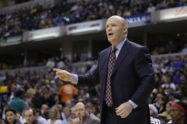 Milwaukee Bucks head coach Scott Skiles questions a call during the first half of an NBA basketball game against the Indiana Pacers Saturday, Jan. 5, 2013, in Indianapolis. (AP Photo/Darron Cummings)