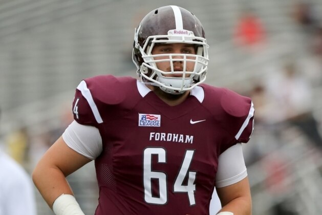 Fordham Rams Mason Halter #64 in pre game against the St. Francis (PA) Red Flash during a college football game on Saturday, August 30, 2014 in the Bronx, NY.  Fordham won the game 53-22.  (AP Photo/Gregory Payan)