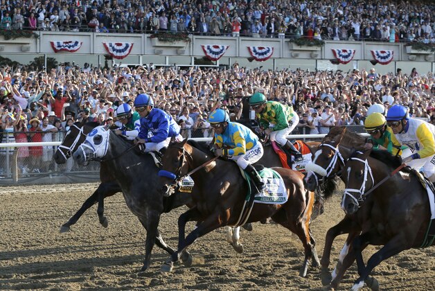 American Pharoah (5) with jockey Victor Espinoza up breaks out of the starting gate at the start of the 147th running of the Belmont Stakes horse race at Belmont Park, Saturday, June 6, 2015, in Elmont, N.Y. American Pharoah won the race to become the first horse to win the Triple Crown in 37 years.(AP Photo/Julio Cortez)