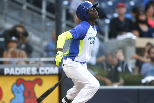 Daz Cameron, of Eagles Landing Christian Academy,  in Mc Donough, GA., during a high school all-star baseball game Sunday, Aug. 10, 2014, in San Diego. (AP Photo/Lenny Ignelzi)