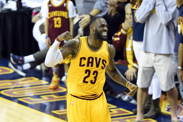 Jun 9, 2015; Cleveland, OH, USA; Cleveland Cavaliers forward LeBron James (23) reacts during the fourth quarter of game three of the NBA Finals against the Golden State Warriors at Quicken Loans Arena. Cleveland won 96-91. Mandatory Credit: David Richard-USA TODAY Sports
