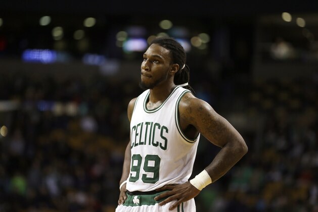 Boston Celtics forward Jae Crowder reacts as the Celtics fall behind the Detroit Pistons during overtime in an NBA basketball game, Sunday, March 22, 2015, in Boston. The Pistons beat the Celtics 105-97. (AP Photo/Steven Senne)