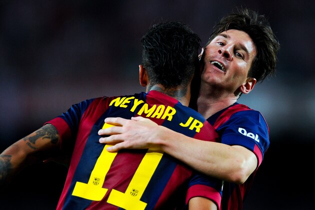 BARCELONA, SPAIN - MAY 30:  Lionel Messi of FC Barcelona celebrates with his teammate Neymar after scoring the opening goal during the Copa del Rey Final match between FC Barcelona and Athletic Club at Camp Nou on May 30, 2015 in Barcelona, Spain.  (Photo by David Ramos/Getty Images)