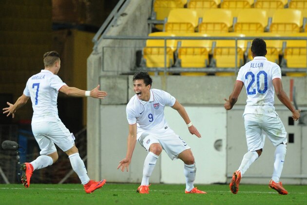 Rubio Rubin of the USA, center celebrates with his team mates Paul Arriola, left, and Jordan Allen after scoring a goal against Colombia during their U20 soccer World Cup match in Wellington, New Zealand, Wednesday, June 10, 2015. (AP Photo/Ross Setford) Rubio Rubin of the USA, center celebrates with his team mates Paul Arriola, left, and Jordan Allen after scoring a goal against Colombia during their U20 soccer World Cup match in Wellington, New Zealand, Wednesday, June 10, 2015. (AP Photo/Ross Setford)