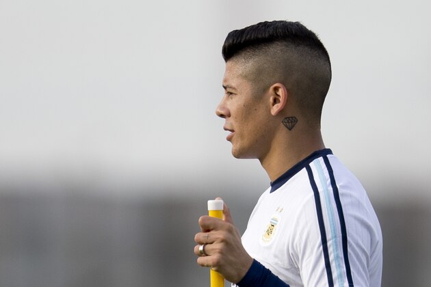 Argentina's Marcos Rojo attends a training session in Buenos Aires, Argentina, Monday, June 1, 2015. The Argentina national soccer team members are training for the Copa America which starts in June in neighboring Chile. (AP Photo/Natacha Pisarenko)